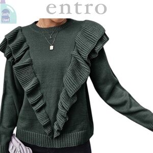 Entro Hunter Green Ruffle Sweater Size Large  💚